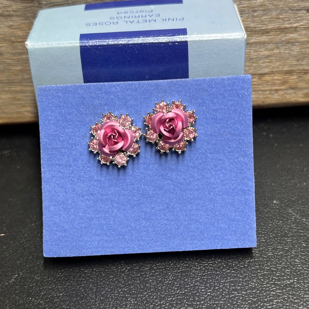 Avon Pink Metal Roses Pierced Earrings Rhinestone Studs Silver Tone Vintage